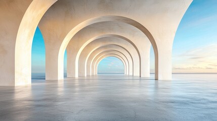 The view showcases a minimalist and modern room with a large arch design, featuring clean white walls and a sleek concrete floor