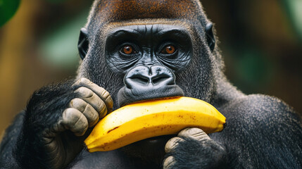 Closeup of big silver back gorilla ape eating banana fruit, herbivore monkey animal, jungle zoo primate vegetarian.