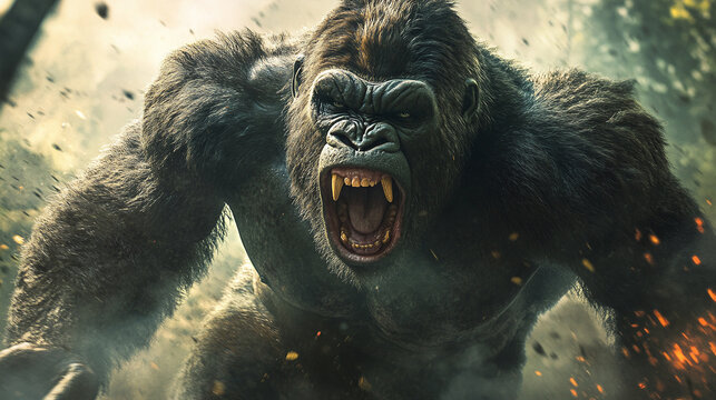 Big angry gorilla animal monster fighter in wildlife jungle or forest, dangerous mad and aggressive king kong, muscular powerful monkey beast.