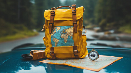 Yellow travel backpack with world map and compass placed on blue car hood. vintage tourism journey adventure planning trip, copy space.