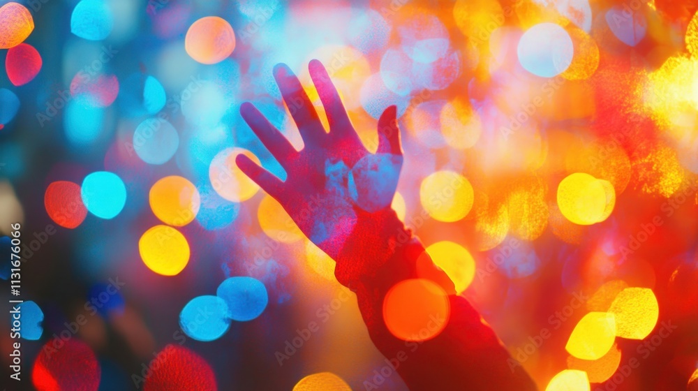 Poster hand reaching up towards colorful bokeh lights.