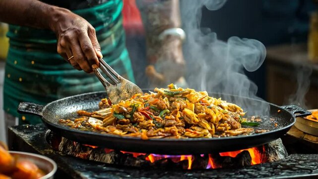 Vendor Cooking Kottu Roti on a Hotplate