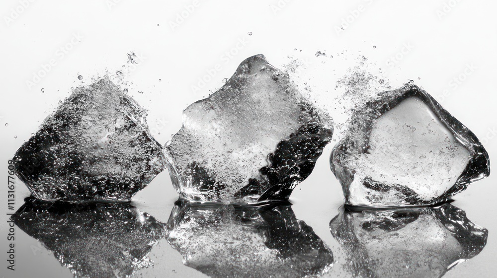 Aufkleber three ice cubes splashing in water, creating dynamic motion and reflections.