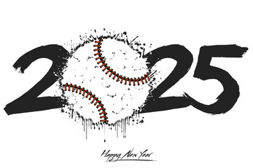 Numbers 2025 and a abstract baseball ball made of blots in grunge style. Design text logo Happy New Year 2025. Template for greeting card, banner, poster. Vector illustration on isolated background