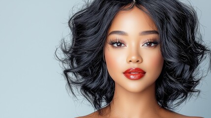 Naklejka premium The beauty portrait features an African American woman with flawless skin and striking black hair, styled in voluminous curls cascading down her shoulders
