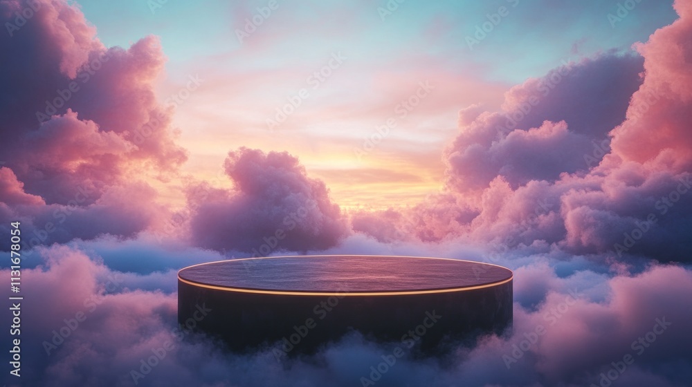 Poster a serene floating platform surrounded by colorful clouds at sunset.