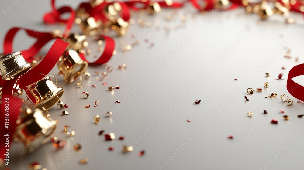 Poster 3d rendering of golden bells and red ribbons scattered on a sleek, smooth surface with blank space r