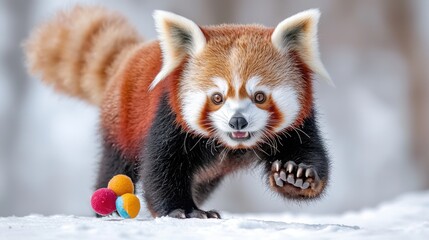 Obraz premium A cute red panda is playfully frolicking on a white background, with its fluffy tail wagging and its paws reaching out to catch a toy.