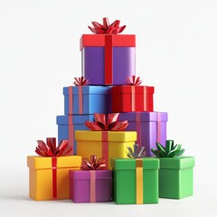 Fototapeta premium 3D rendering of stacked gift boxes in festive colors with ribbons, placed on a clean white background realistic