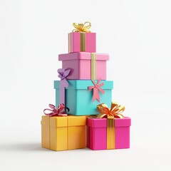 Fototapeta premium 3D rendering of stacked gift boxes in festive colors with ribbons, placed on a clean white background realistic