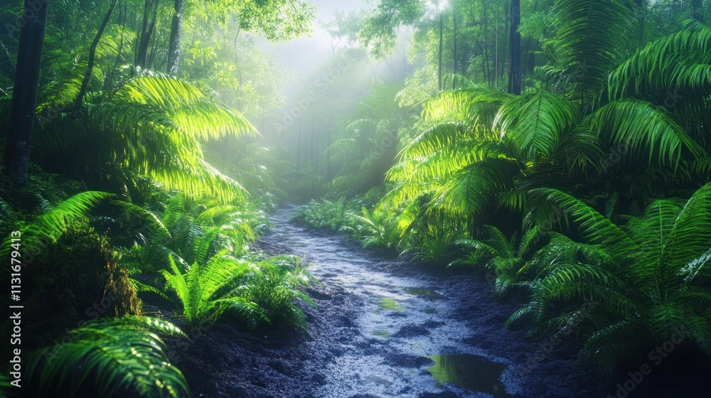 Poster lush forest scene with a serene stream and vibrant greenery illuminated by soft light.
