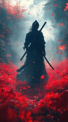 Naklejka premium A silhouette of a warrior amidst a sea of red petals, evoking a sense of mystery and strength.