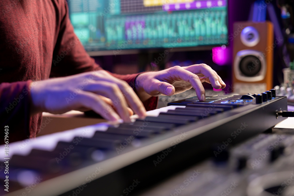 Fototapete Artist playing piano notes and editing to improve the sound quality of audio recordings in home studio, handling electronic keyboard. Music producer uses midi controller to manipulate sounds.