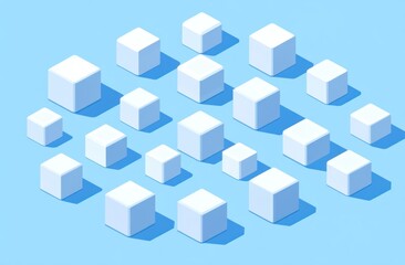 Fototapeta premium Isometric white cubes scattered on a light blue background, casting shadows.
