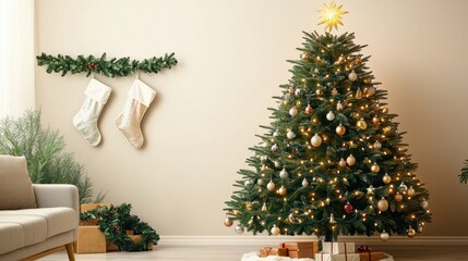 The cozy living room is adorned with a beautifully decorated Christmas tree, adorned with twinkling lights, shimmering ornaments, and a glimmering star on top