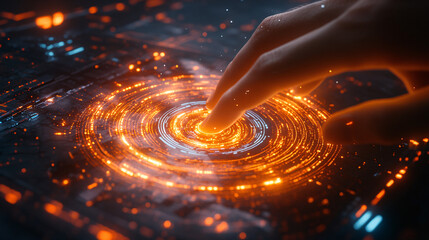 Futuristic hand interacting with a luminous interface in a digital landscape of swirling colors and light patterns