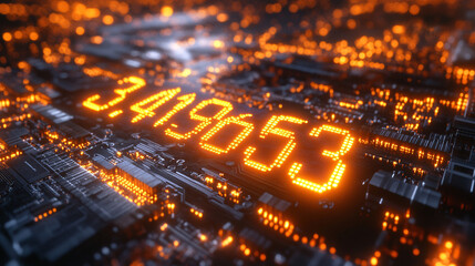 Futuristic glowing numbers illuminating a digital landscape at night with intricate circuitry