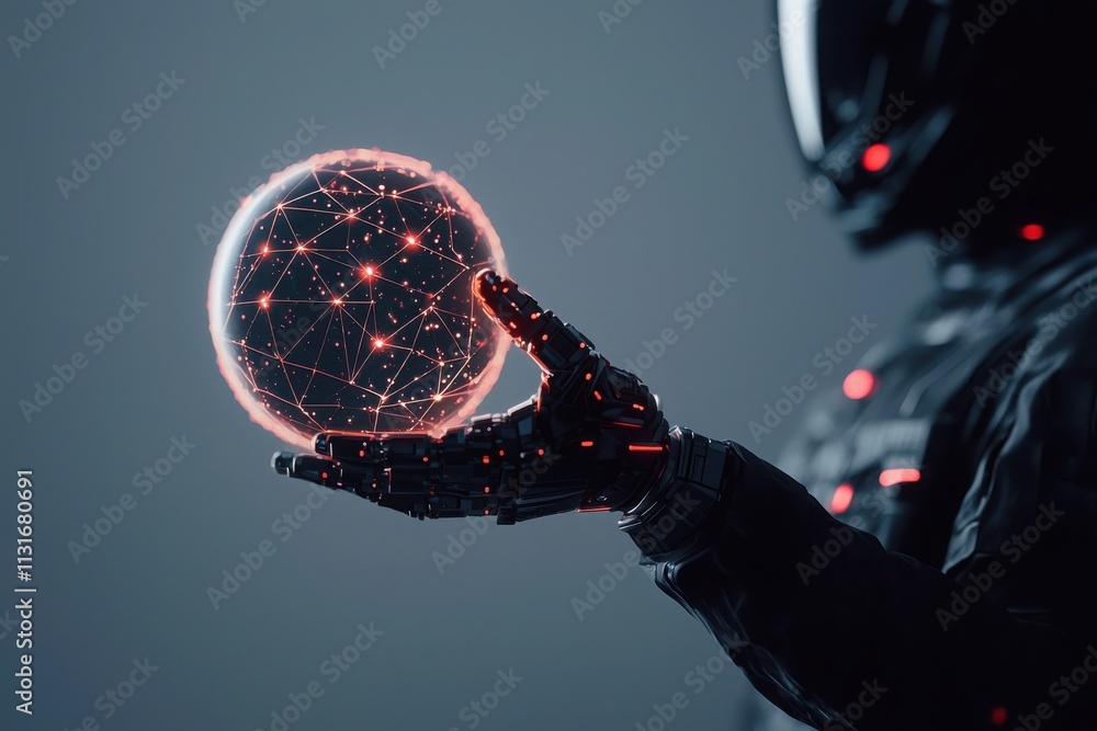 Poster ai guardian robot protecting glowing sphere of sensi in futuristic sci-fi setting high-tech environm
