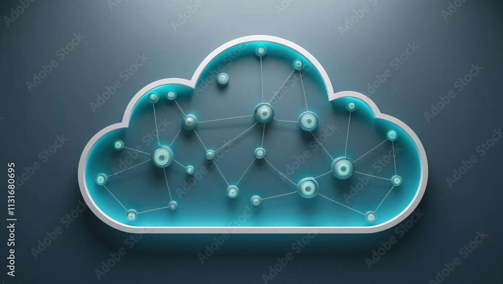 Poster symbolic image of interconnected glowing nodes forming cloud, representing ai driven cloud automatio