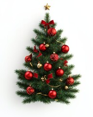  decorated Christmas tree branch with red ornaments and golden ribbons, isolated on a white background realistic