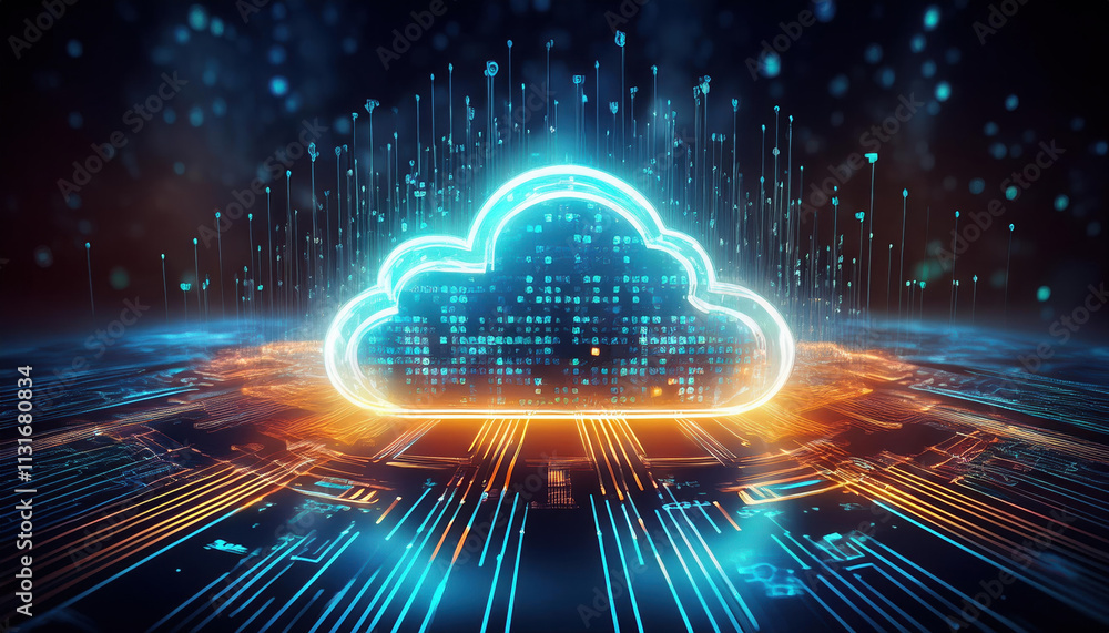 Poster glowing cloud shaped hologram surrounded by data streams symbolizes ai and technology. this futurist