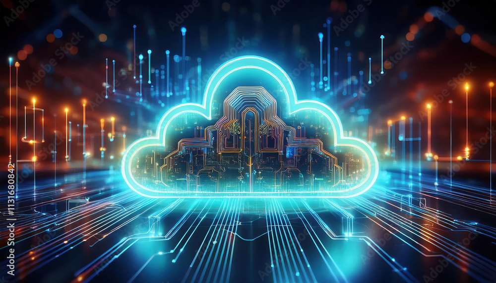 Poster glowing cloud shaped hologram with interconnected data streams symbolizes ai and technology. this fu