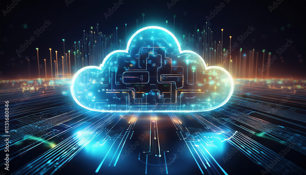 Poster glowing cloud shaped hologram with interconnected data streams symbolizes ai and technology. this fu