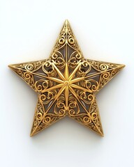 Fototapeta premium A 3D rendering of a golden star ornament with intricate patterns, placed on a white background realistic