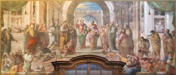 ASTI, ITALY - SEPTEMBER 11, 2024: The fresco sermon of St. Paul and Barnabas in Aeropagus in the...