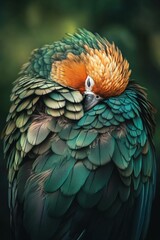 Obraz premium A vibrant bird resting, feathers ruffled. AI.