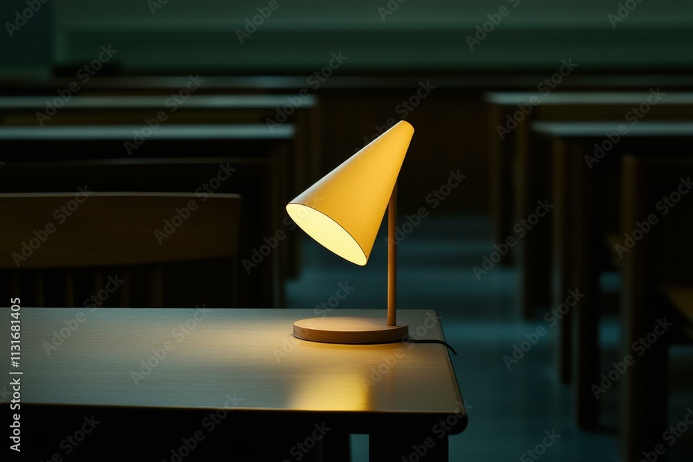 Poster a single illuminated desk lamp sits on a table in a dimly lit room. ai.