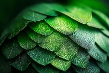 Fototapeta premium A detailed close-up of overlapping green leaves, showcasing the complex textures and patterns in nature, highlighting both beauty and simplicity in the natural world.
