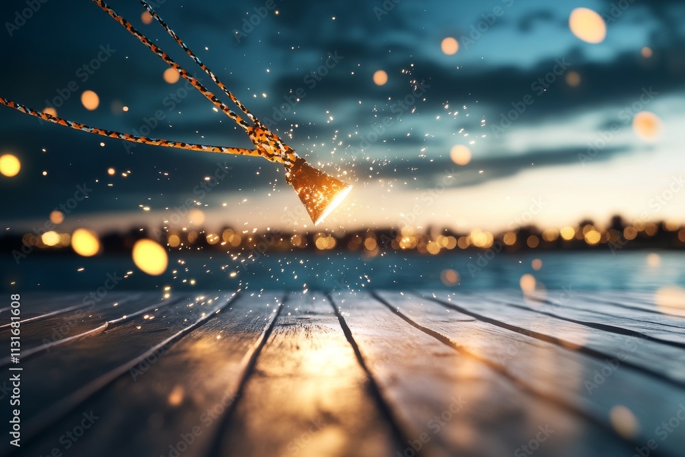 Poster an artistic shot featuring string lights hanging with a bokeh effect in the background during dusk, 