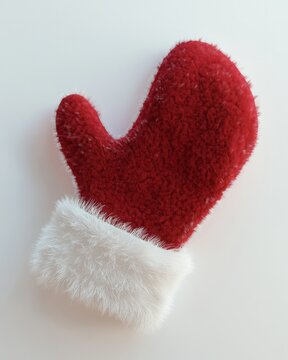 A 3D rendering of a red mitten ornament with white fur trim, lying flat on a plain white surface realistic