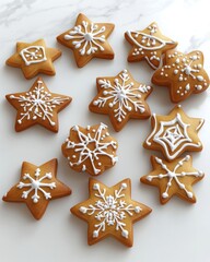 Fototapeta premium A 3D rendering of a set of Christmas cookies shaped like stars and snowflakes, decorated with icing, on a white surface realistic 