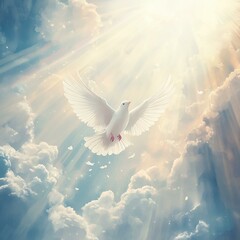 Obraz premium A white dove soars through a heavenly sky. AI.