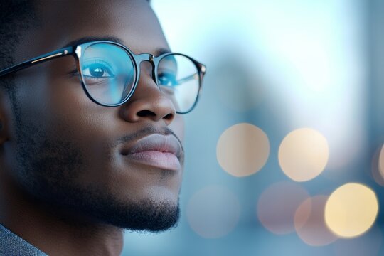 A man wearing glasses gazes thoughtfully, with reflections of light in his lenses, symbolizing introspection, intelligence, and the pursuit of knowledge and ideas.