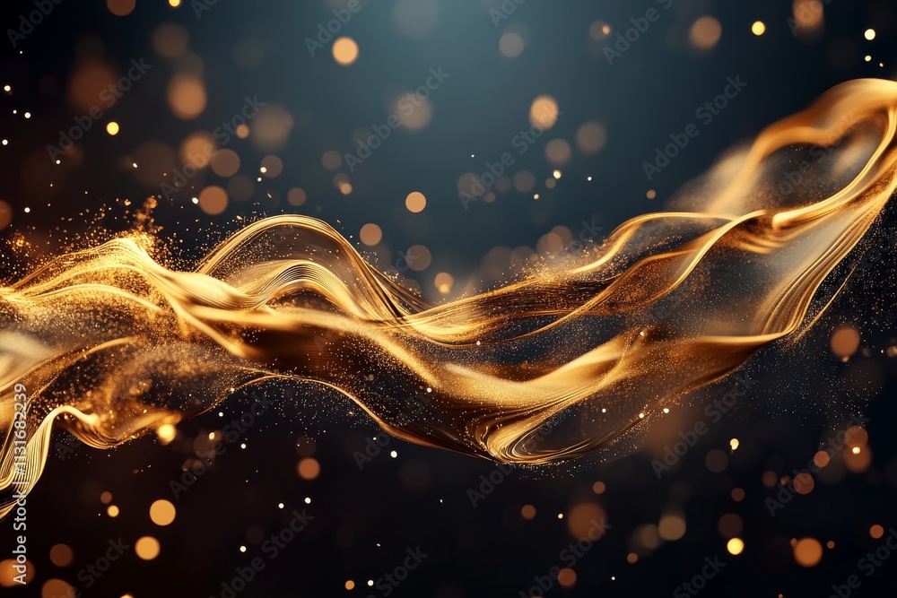 Poster abstract golden waves with sparkling particles sweep across a dark background, creating a sense of f