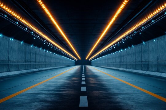 This image captures a sleek, lit tunnel leading into the distance with a distinct perspective, representing modernity, direction, and the journey of progress.