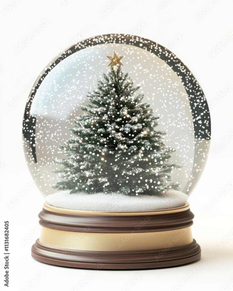 Poster a 3d rendering of a snow globe featuring a miniature christmas tree and snowflakes inside, on a whit