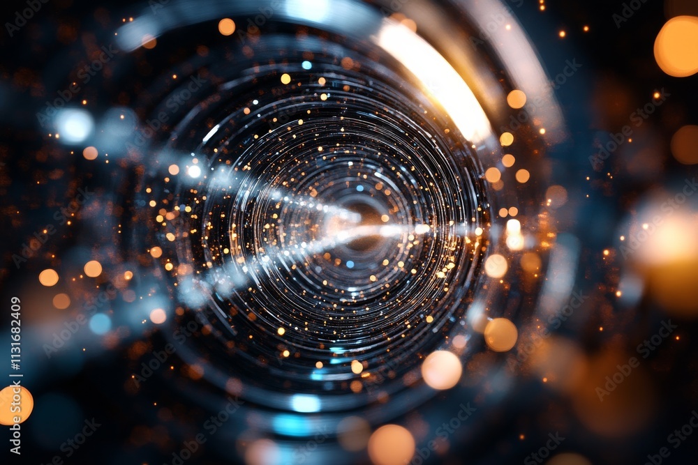 Poster an artistic representation of concentric circles and glowing lights, creating a tunnel-like effect, 