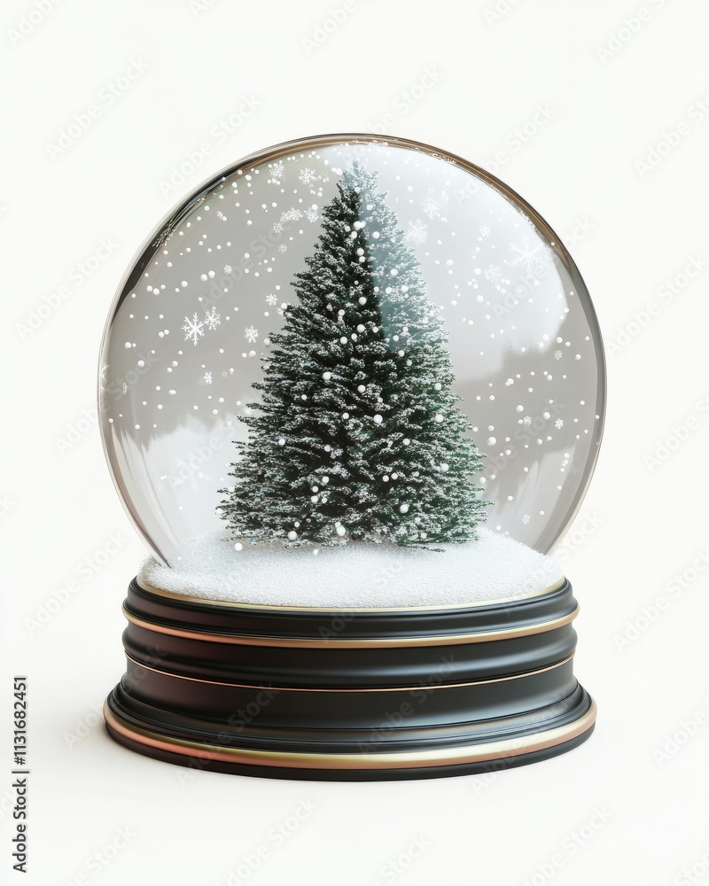 Poster a 3d rendering of a snow globe featuring a miniature christmas tree and snowflakes inside, on a whit