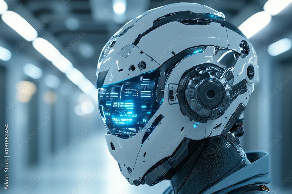 Poster a close-up of a futuristic robotic helmet, featuring intricate machinery and a digital interface in 