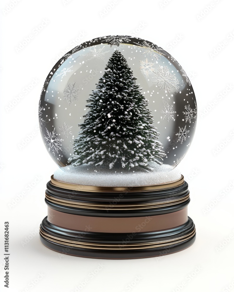 Poster a 3d rendering of a snow globe featuring a miniature christmas tree and snowflakes inside, on a whit
