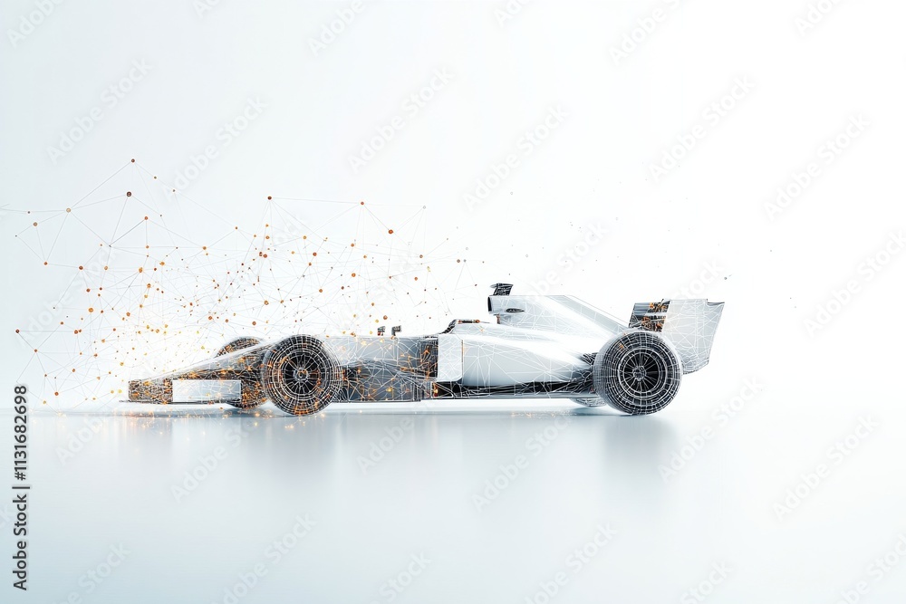 Poster a futuristic race car is digitally rendered with a network of data overlays, symbolizing the interse