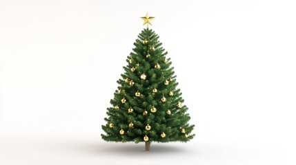 Fototapeta premium A 3D rendering of a vibrant green Christmas tree with gold ornaments and a star topper, isolated on a pristine white background