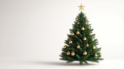 Fototapeta premium A 3D rendering of a vibrant green Christmas tree with gold ornaments and a star topper, isolated on a pristine white background