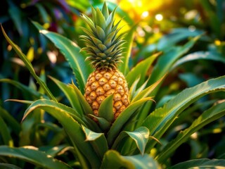 Fototapeta premium Vibrant pineapple basking in sunlight amidst lush green leaves in a tropical paradise setting during the golden hour of the evening