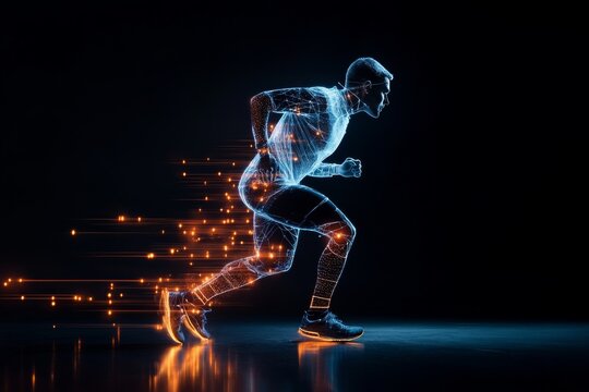 This visual represents a futuristic digital athlete running with glowing trails symbolizing speed, progress, and technology in a virtual abstract style.