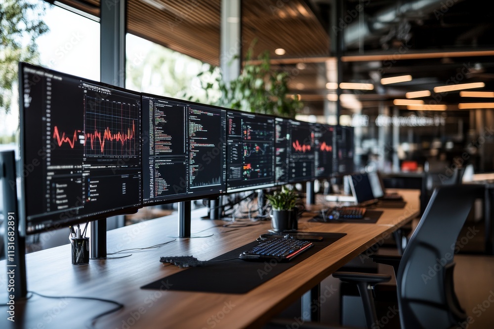 Poster a modern office setup featuring multiple computer monitors displaying graphs and analytics, represen